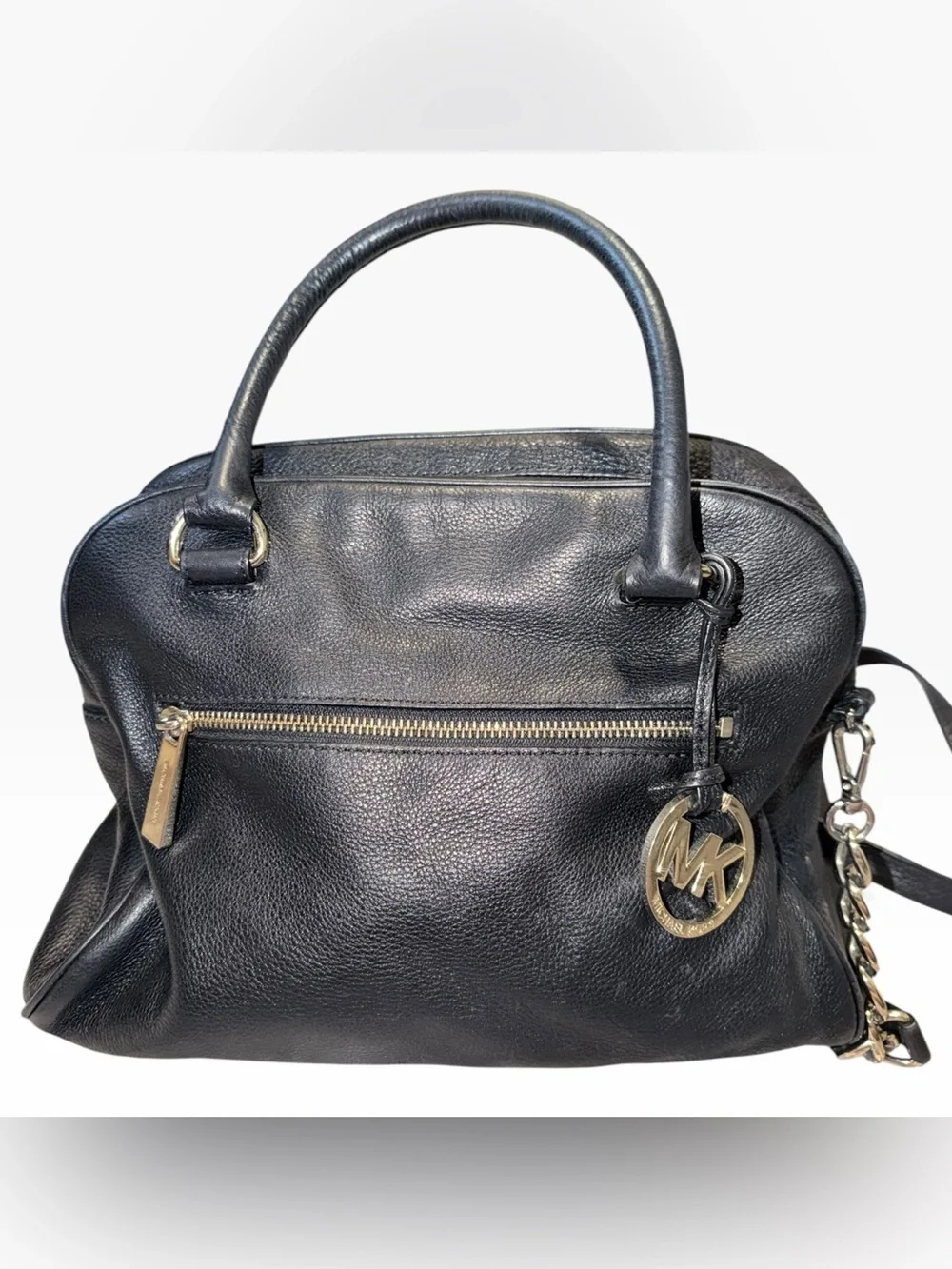Michael Kors Black Leather Satchel with Gold MK Charm